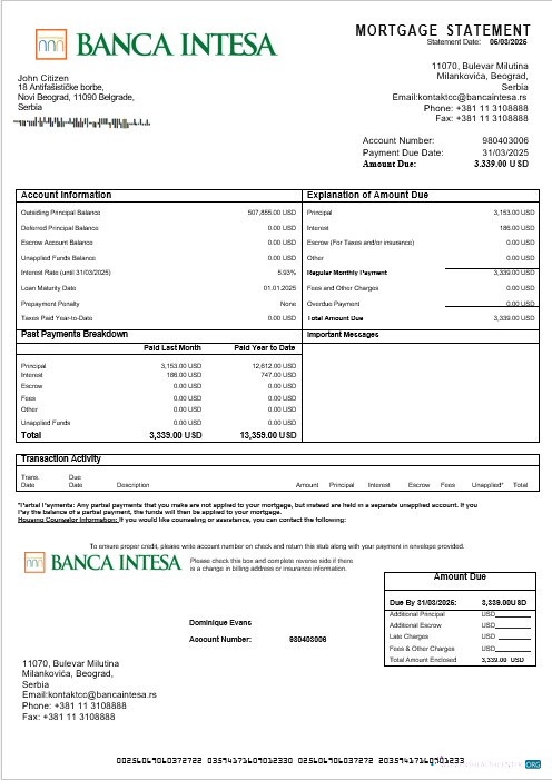 Download Serbia Banca Intesa mortgage statement in Word and PDF formats Photoshop template